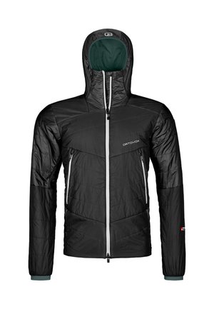Schwarze isolierte Jacke mit Kapuze, mit einem gesteppte Design, Reißverschluss vorne und kontrastierender Farbe der inneren Kapuze. Mit seitlichen Taschen.