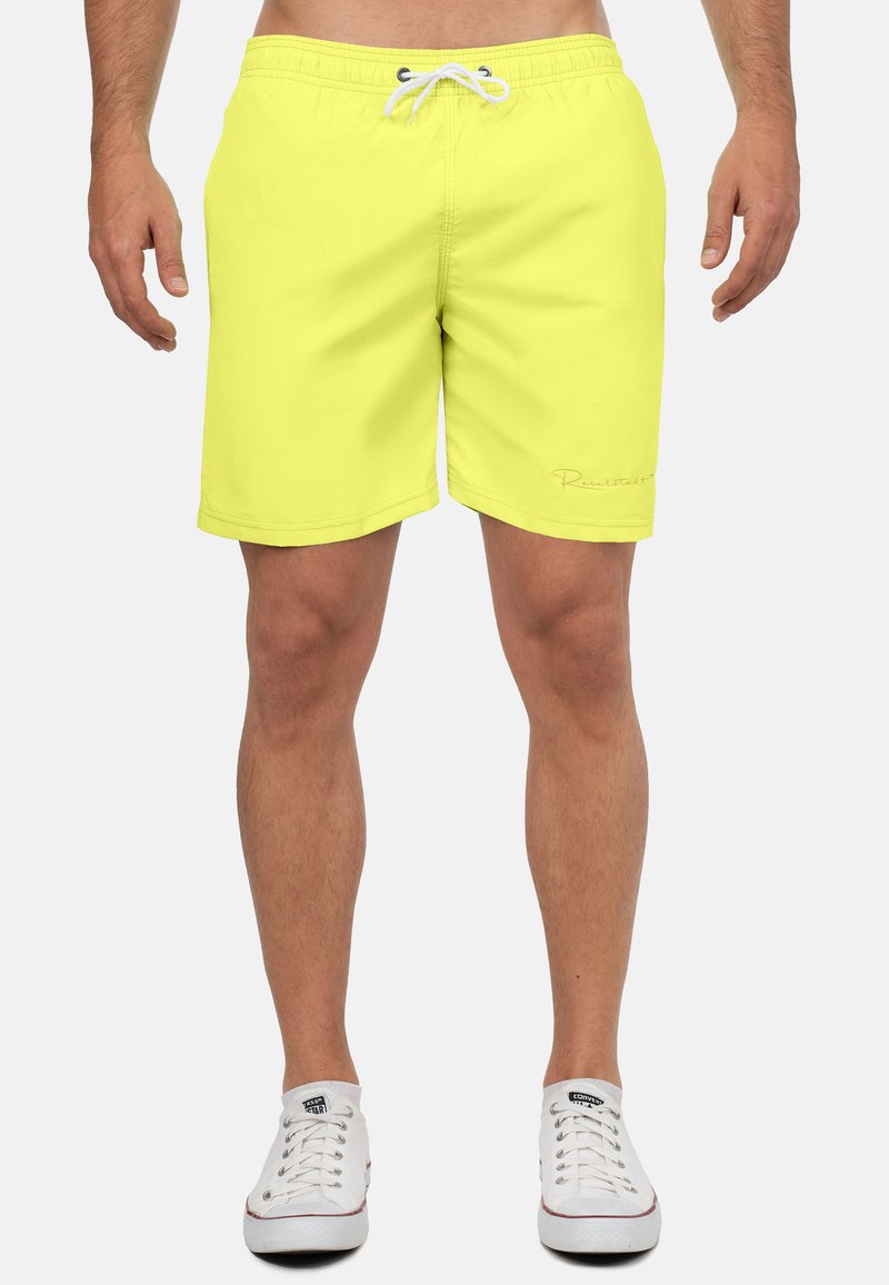 Shorts da bagno giallo neon con vita elasticizzata e cordino bianco, caratterizzati da una discreta firma sulla parte anteriore inferiore.