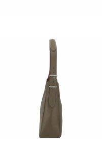 Braune Lederhandtasche mit einer strukturierten Form, einem breiten Schultergurt und kontrastierenden Nähdetails entlang der Kanten.