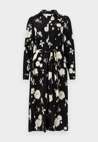 Μαύρο φόρεμα με λευκό λουλουδάτο μοτίβο, φτιαγμένο από μαλακό ύφασμα, διαθέτει γιακά, μακριά μανίκια και ζώνη στο μέσο που ταιριάζει.