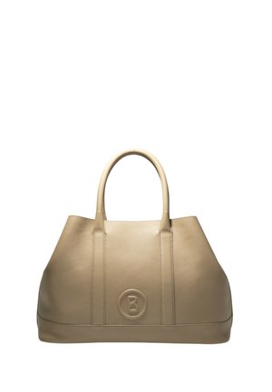 Beige Leder-Shopper mit strukturierter Oberfläche, ausgestattet mit zwei kurzen Griffen und einem runden, geprägten Logo auf der Vorderseite.