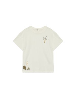 Valkoinen lyhythihainen t-paita, jossa pieni palmutrendi vasemmassa ylärinnassa ja lehti- ja aaltokuvioita vasemmassa alareunassa.