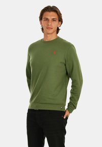 Green cotton sweatshirt with ribbed cuffs and hem, featuring a small red logo on the chest. Model wears black pants. Simple design.