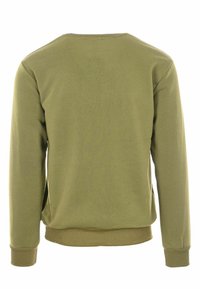 Felpa verde oliva con maniche lunghe, colletto a girocollo, polsini a coste e orlo a coste. Tessuto morbido con una texture liscia.