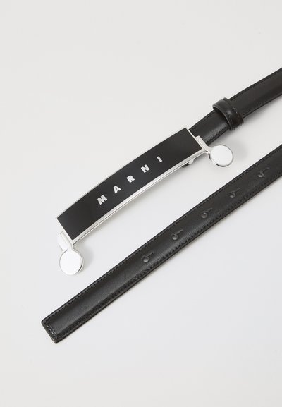 Black leather belt with a glossy black rectangular buckle featuring the white text "MARNI," complemented by silver hardware accents.