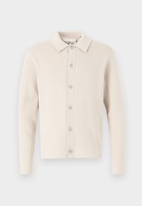 Beige knit cardigan with a collared neckline and button closure. Features long sleeves and a soft texture, with subtle ribbed detailing.