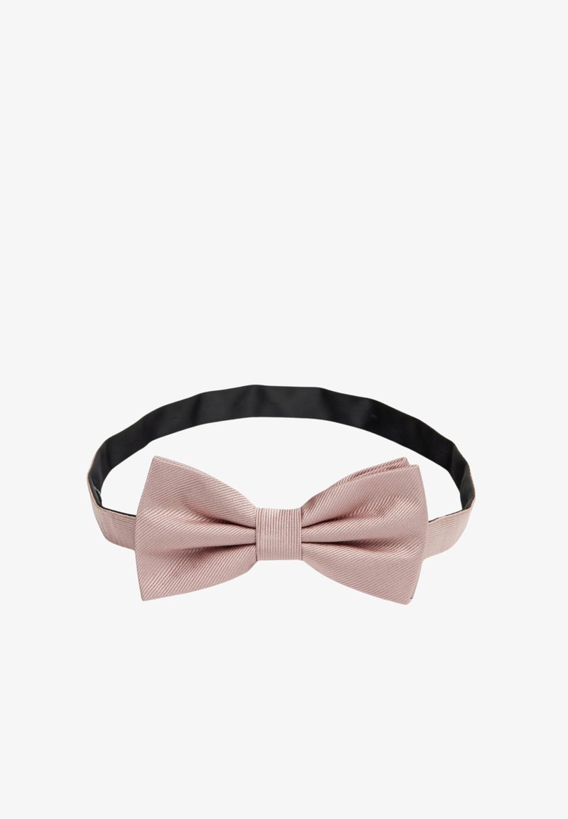 Noeud papillon en tissu rose pâle avec une finition texturée, comportant un nœud central. Sangle noire réglable pour un ajustement sécurisé.