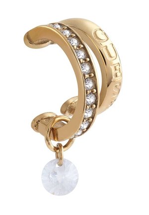 Gold-tone double hoop earring with clear crystals along one hoop, "GUESS" engraved on the other, and a single clear round charm hanging.