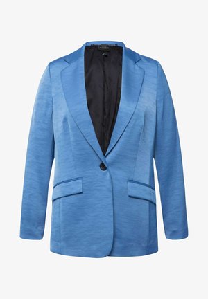 Blaues Sakko mit glatter Textur, einziger Knopfverschluss, mit spitzen Revers und zwei Fronttaschen; gefüttert mit einem dunklen Innenfutter.