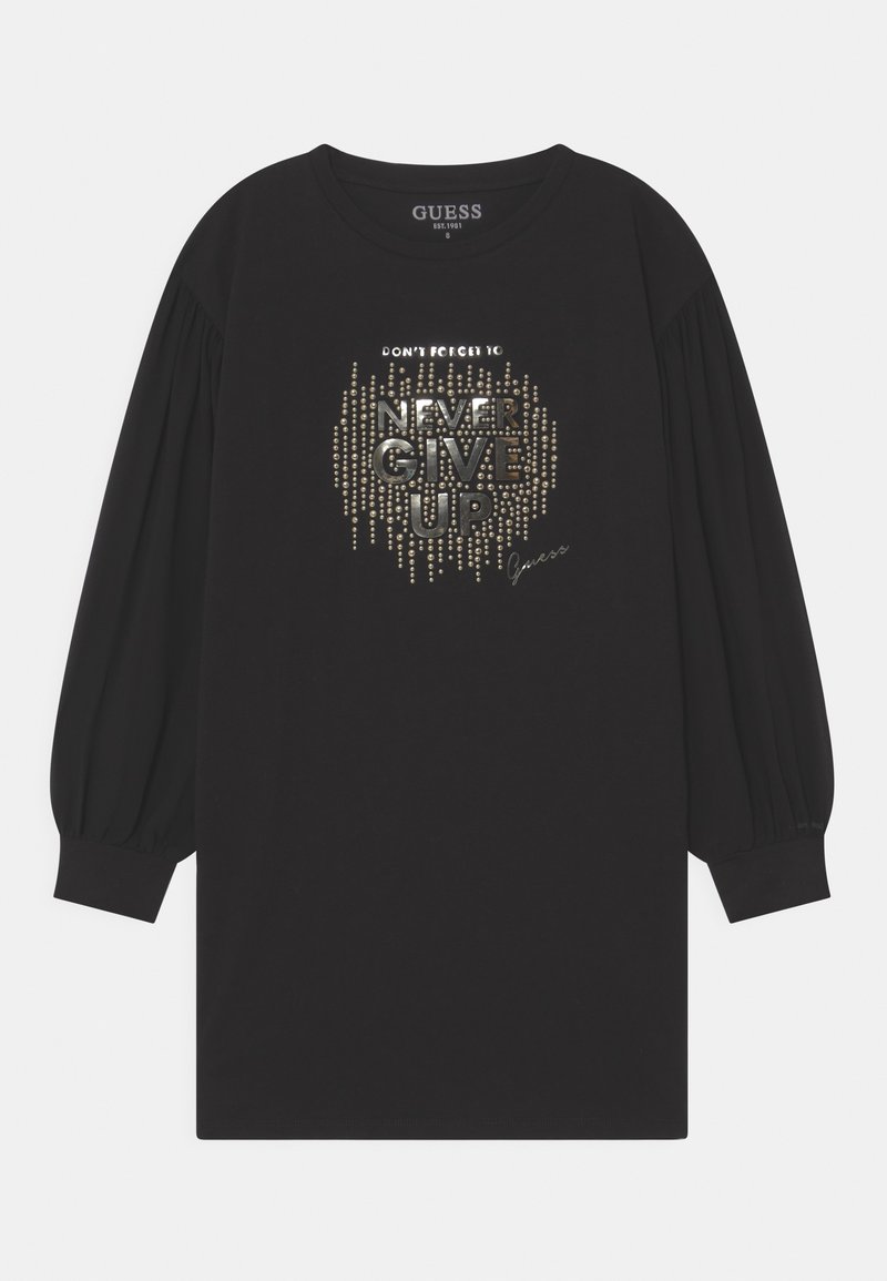 T-shirt noir à manches longues surdimensionné avec des manches ballon, orné d'un imprimé graphique argenté brillant portant l'inscription « NEVER GIVE UP » avec une signature.