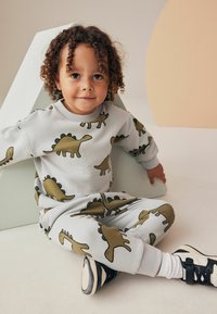 Grå sweatshirt og bukser med grønne dinosaurmønstre, med ribbede manchetter og en afslappet pasform. Sorte sneakers med hvide accenter.