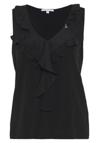 Top senza maniche nero con scollatura a V e dettagli a strati con volant. Presenta un piccolo accessorio dorato sul lato sinistro. Tessuto dalla texture liscia.