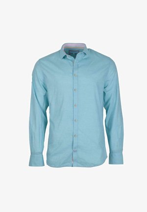 Lys blå langærmet skjorte med knaplukning, udstyret med en spredt krave og stribet detaljer på indersiden af kraven, præsenteret på en hvid baggrund.