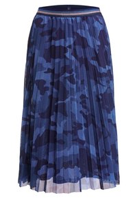 Jupe maxi plissée dans un motif camouflage bleu foncé et clair. Fabriquée en matériau léger avec une taille élastique et des bordures contrastées.