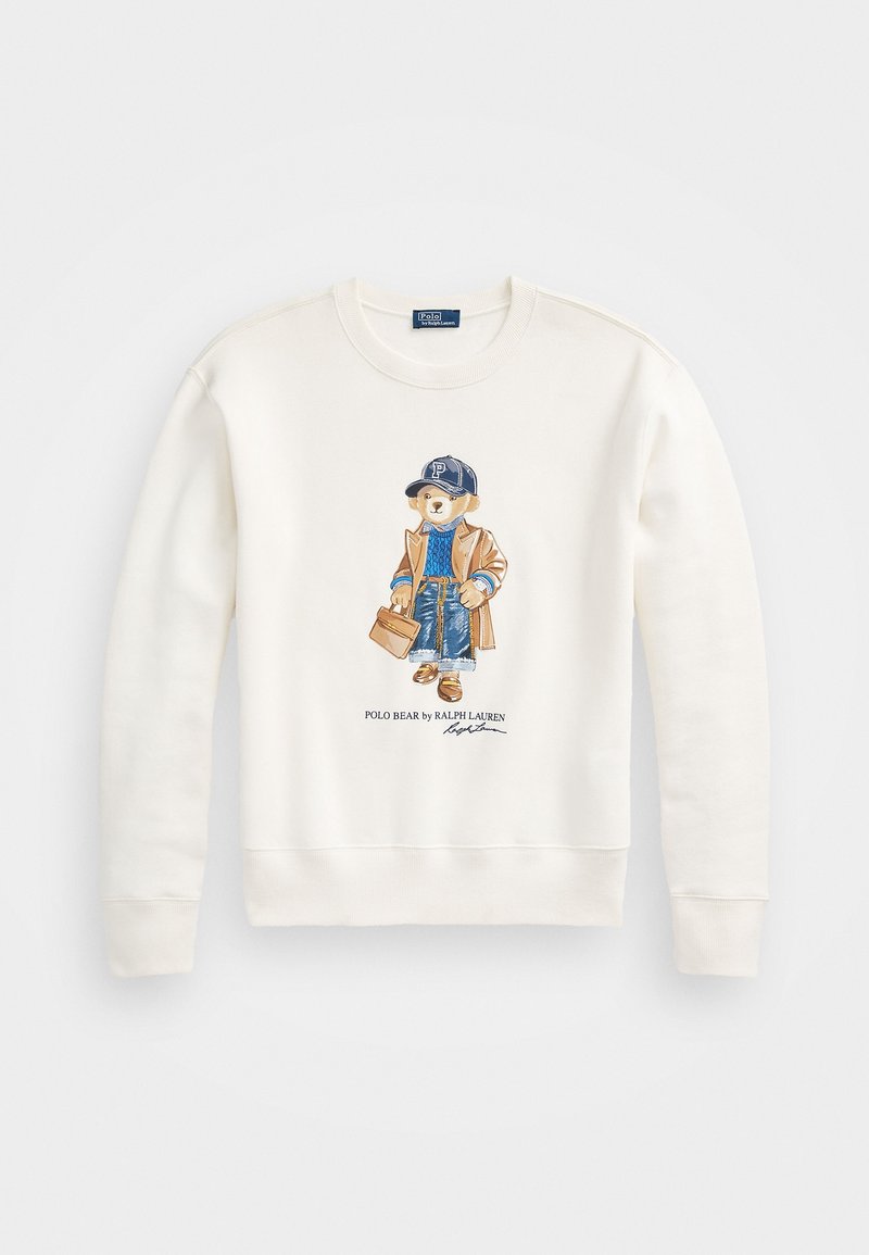 White sweatshirt featuring a graphic of a bear in a tan coat, blue sweater, denim jeans, and a cap, with a brown briefcase.