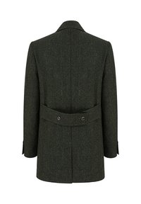 Ciemnozielony wełniany płaszcz z pasek z guzikami z tyłu, prostym kołnierzem i dopasowanymi rękawami, ozdobiony teksturowanym wzorem jodełki.
