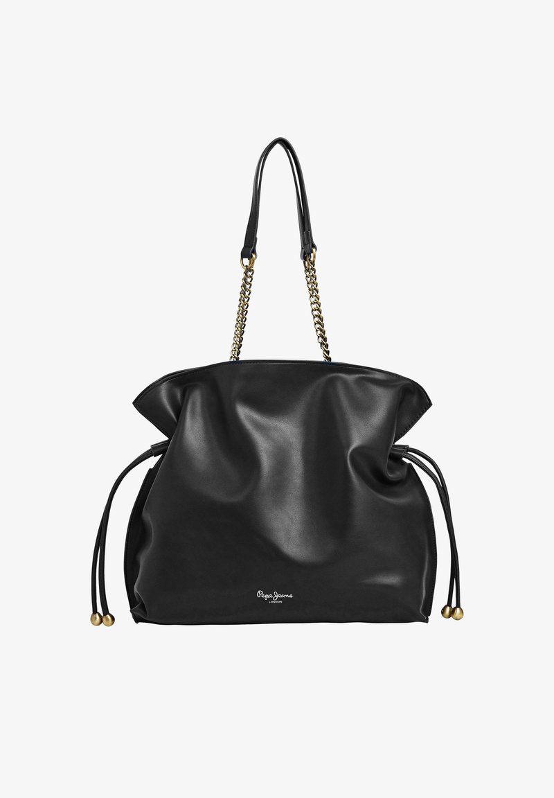 Sac à épaule en cuir souple noir avec poignées en chaîne dorée, cordons latéraux avec embouts dorés et petit logo blanc en bas au centre.