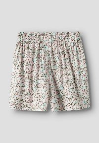 Lätta, vävda shorts med en pastellrosa bakgrund och ett flerfärgat abstrakt djurmönster. Har en elastisk midja och en avslappnad passform.