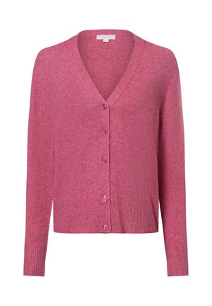 Rosa gestrickte Strickjacke mit V-Ausschnitt, fünf Knöpfen vorne, gerippten Bündchen und Saum, weicher Textur und lockerer Passform.