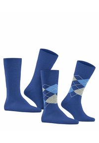 Calcetines de algodón azules con dos diseños: uno en azul sólido y otro con un patrón argyle que presenta diamantes en azul claro y gris con acentos blancos.
