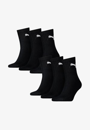 Black ankle socks, made of cotton blend, featuring ribbed tops and white logo accents. Set of six pairs with a classic design.