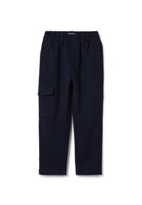 Marineblauwe cargobroek met een elastische tailleband, een zijzak en rechte pijpen; gemaakt van een gladde, duurzame stof.