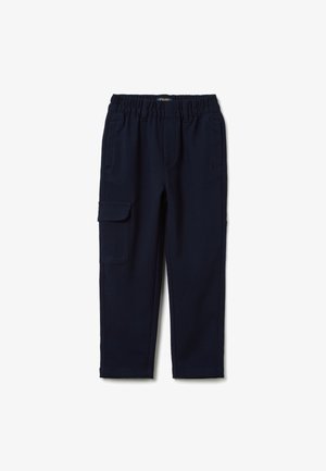 Marineblauwe cargobroek met een elastische tailleband, een zijzak en rechte pijpen; gemaakt van een gladde, duurzame stof.