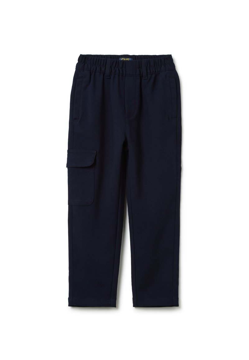Marineblauwe cargobroek met een elastische tailleband, een zijzak en rechte pijpen; gemaakt van een gladde, duurzame stof.