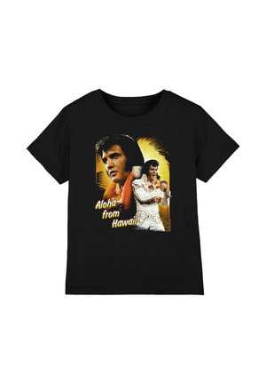 Schwarzes T-Shirt mit zwei Porträts von Elvis Presley, eines singend in einem weißen Anzug, mit dem Text "Aloha from Hawaii" in Gelb.