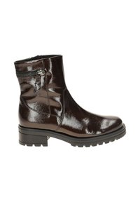 Bottine en cuir verni marron avec une fermeture éclair sur le côté, finition texturée, bout rond et semelle basse et robuste.