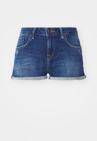 Denim shorts in dark blue with a distressed finish, five-pocket design, and rolled cuffs. Features contrasting stitching and a button closure.