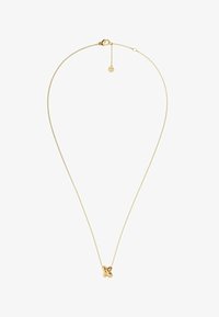 Collar de cadena dorada con un diseño central de nudo retorcido. Textura suave, con cierre y longitud ajustable. Sencillo pero elegante.