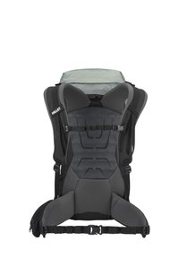 Sac à dos ergonomique noir et gris avec des panneaux en maille, des bretelles ajustables et un support dorsal texturé. Le dessus est recouvert d'un motif vert clair.