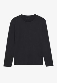 Black long-sleeve shirt made of smooth fabric with a round neckline. Simple design, straight cut, no visible patterns or accents.