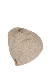 Beige woolen beret with a soft texture and a small tan leather tag on the side, shown against a white background.