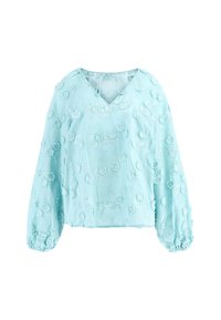 Blouse bleu clair avec broderie florale, décolleté en V, manches longues à volants et poignets froncés. Tissu transparent et texturé ajoute de la dimension.