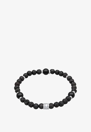 Schwarzes Perlenarmband mit Lavasteinen und matten Perlen, durchzogen von silbernen Akzenten. Rundes Design, strukturierte Oberflächen.
