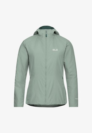Lichtgroene Jack Wolfskin jas met capuchon, voorzien van een ritssluiting aan de voorkant en zijzakken, ontworpen voor gebruik buitenshuis.