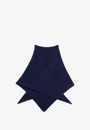 Marineblauwe sjaal met overlappende uiteinden, gemaakt van een zachte gebreide stof, weergegeven op een witte achtergrond.