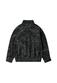 Giacca nera a maniche lunghe con fascia elastica in vita, polsini con bottoni, collo alto e un sottile motivo marmo bianco su tutto il tessuto.