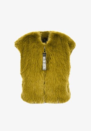 Gilet in pelliccia finta di colore verde oliva, presenta un colletto alto, senza maniche e una zip centrale con un'etichetta nera con la scritta "Freakin' Nation."