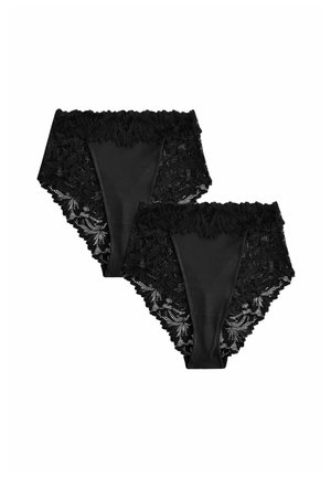 Hochtaillierte schwarze Panties mit Spitzenrand. Mit floralen Mustern und weichem, glattem Stoff. Im Doppelpack erhältlich.