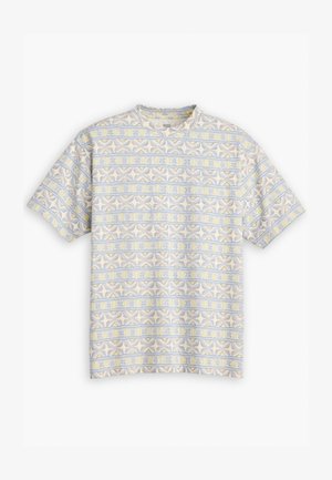 Short-sleeved shirt in light fabric featuring a repetitive geometric pattern in pale blue, yellow, and beige hues, with a crew neckline.