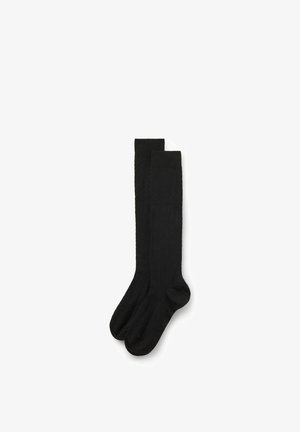 Calcetines negros hasta la rodilla con un patrón texturizado y puño superior acanalado. Fabricados con una tela suave, presentan un acabado liso y un diseño estándar en la punta.