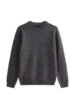 Suéter gris hecho de tejido de punto texturizado, con cuello redondo y mangas largas, con puños y dobladillo acanalados.