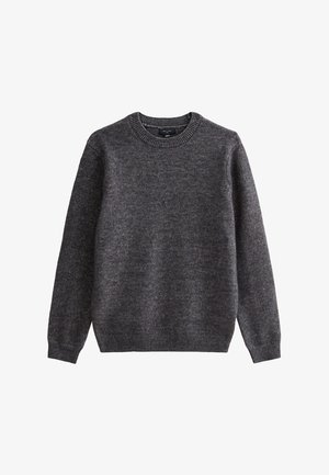 Maglione grigio in tessuto a maglia testurizzata, con colletto a girocollo e maniche lunghe, caratterizzato da polsini e orlo a costine.