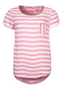 Randig kortärmad topp i rosa och vitt med rundad halsringning, framficka och en något längre bakdel. Lättviktig tyg.