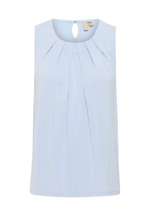 Heledad helesin sinine pluus, millel on pleeditud disain ja võtmeauguga tagaosa. Valmistatud siledast kangast, ümara kaeluse ja sirge äärega.