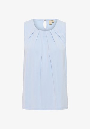 Camicetta senza maniche blu chiaro con design plissettato e chiusura a occhio di bue sul retro. Realizzata in tessuto liscio, presenta un collo rotondo e un orlo dritto.