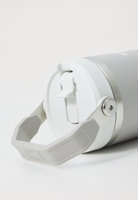 Stainless steel water bottle, matte silver finish, wide white plastic lid with a lever, and gray handle for easy carrying.